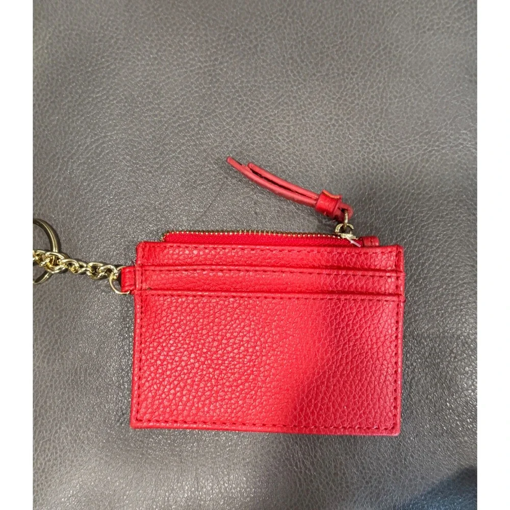 Steve Madden Red Leather Card Holder‎ Wallet Pouch Keychain Zip Coin Purse